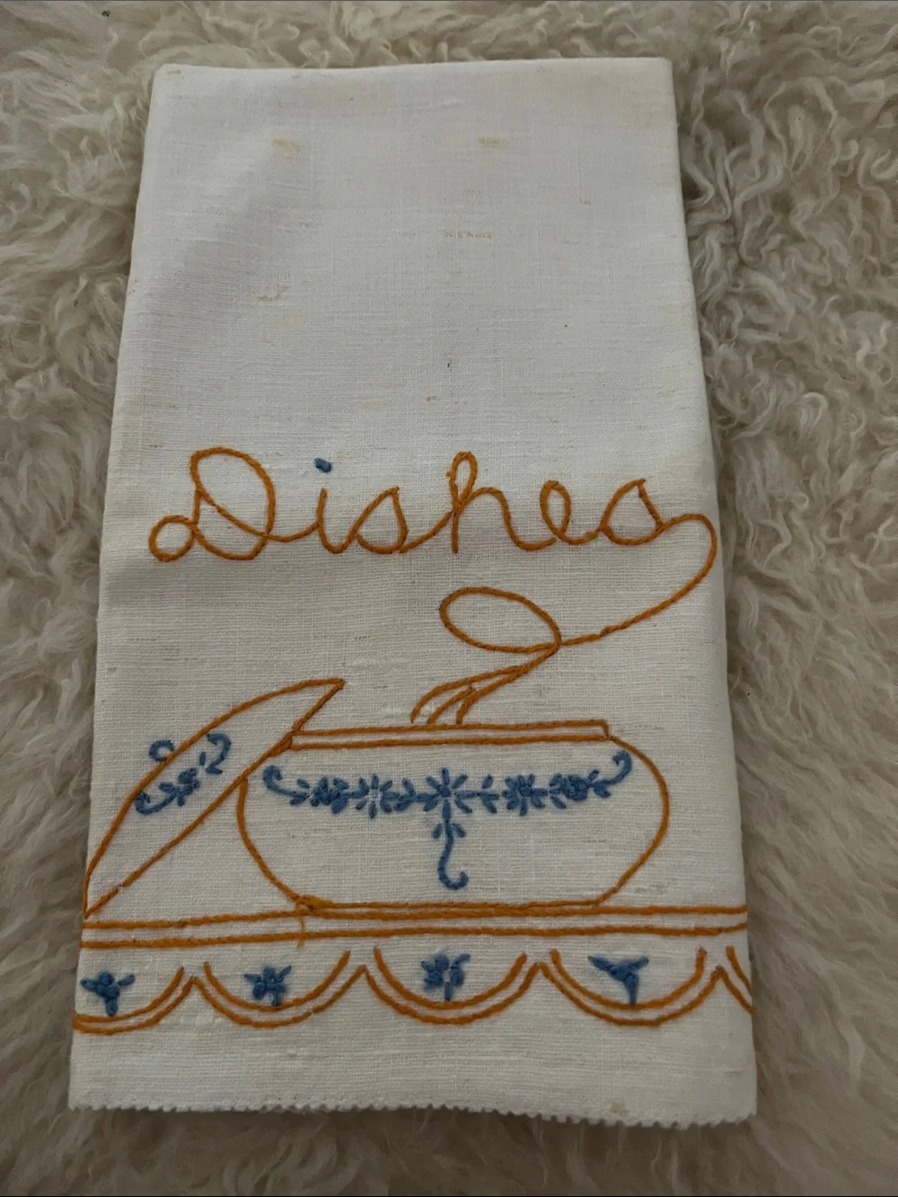 White Embroidered Kitchen Tea Towel with Blue & Orange Dish Motif